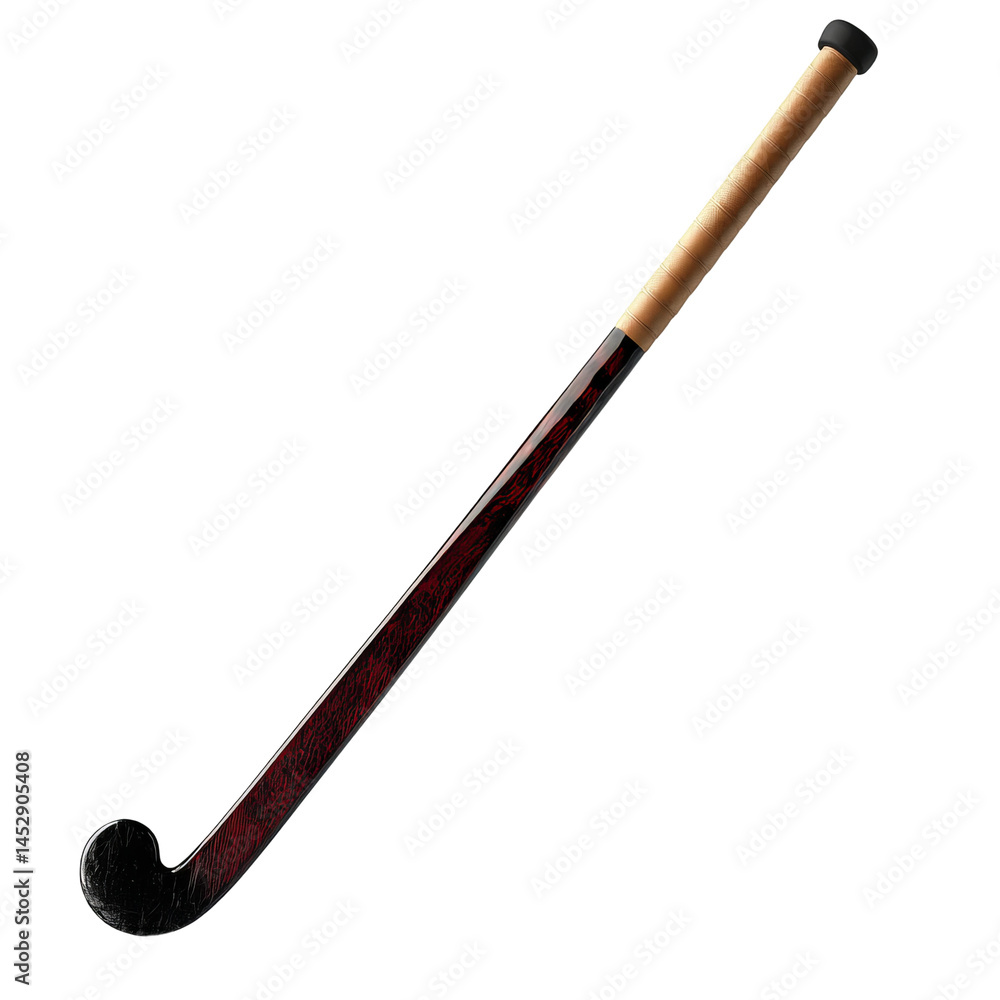 A professional hockey stick against a white background. It is wooden and has a red finish with a black tip. The hockey stick is curved and ready for action. A professional hockey stick against a white background. It is wooden and has a red finish with a black tip. The hockey stick is curved and ready for action.