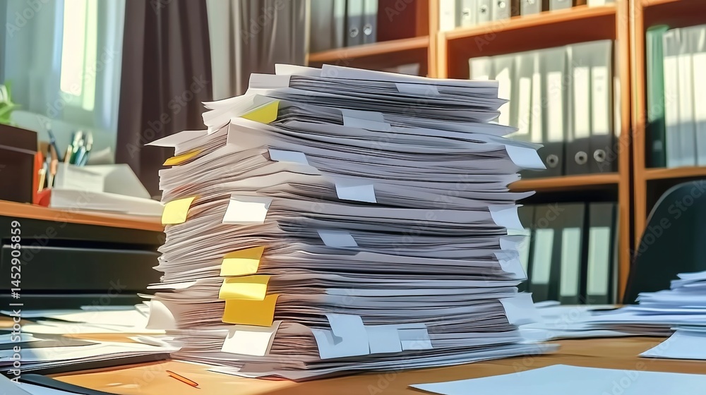 Obraz premium A massive pile of documents on an office desk with stationery holders and bookshelves.