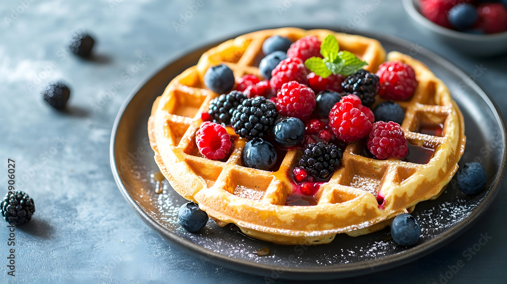 Delicious golden waffle topped with fresh berries and mint on a dark plate over a rustic blue background Delicious golden waffle topped with fresh berries and mint on a dark plate over a rustic blue background