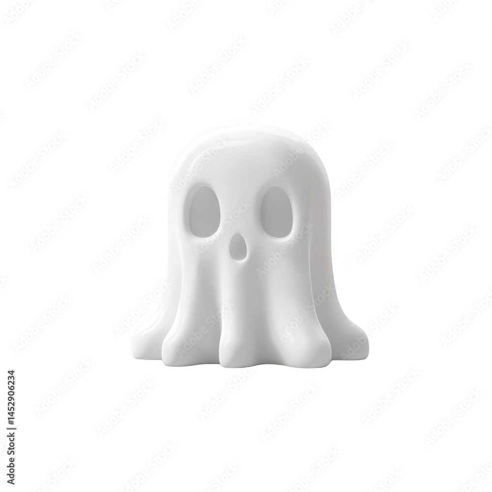Cute, white ghost figurine with smooth, glossy finish and hollow eyes and mouth, resembling playful Halloween decoration. ghost appears to be floating with whimsical expression Cute, white ghost figurine with smooth, glossy finish and hollow eyes and mouth, resembling playful Halloween decoration. ghost appears to be floating with whimsical expression