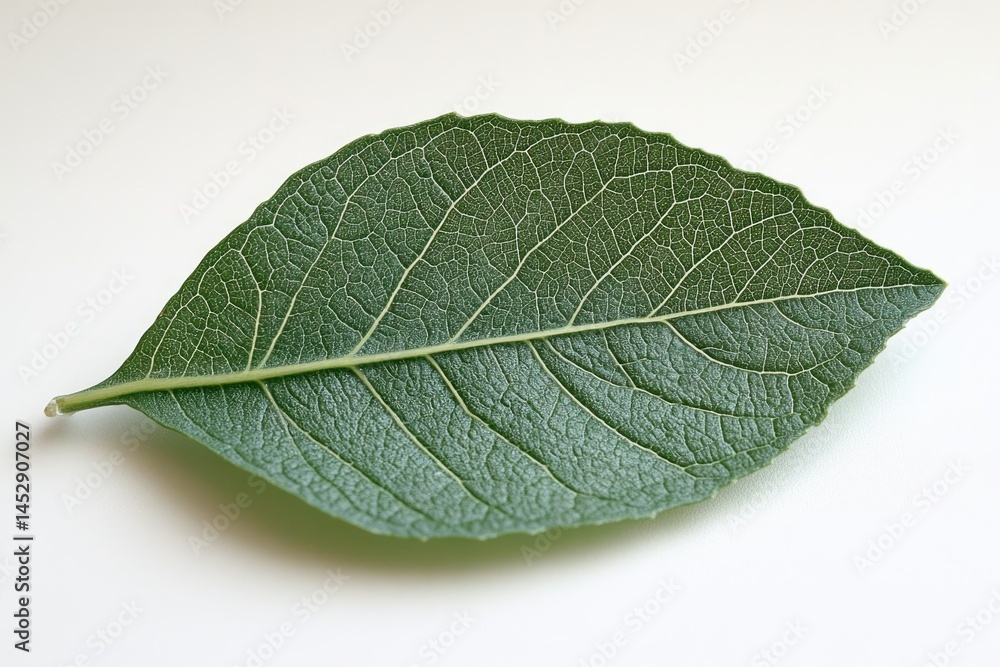 A single, green leaf with visible veins, isolated on a white background. A single, green leaf with visible veins, isolated on a white background.