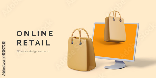 Online Shopping 3D Concept With Shopping Bags And Monitor Displaying E-Commerce Graphics On Beige Background. Perfect For Web Stores And Marketing. Vector