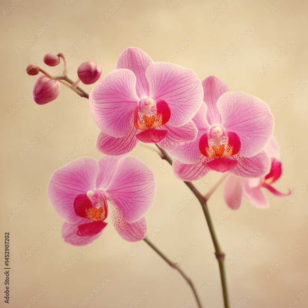 Obraz premium Serene close up of a vibrant pink orchid blossom with delicate petals against a soft background capturing the beauty of nature in a gentle light