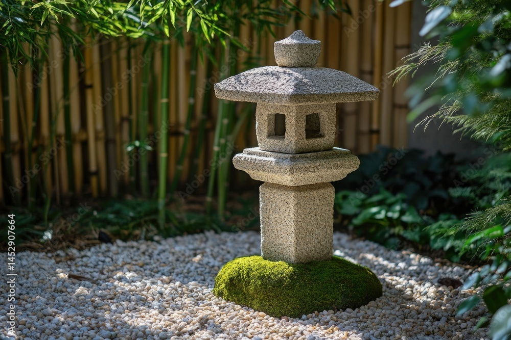 Stone lantern in a serene Japanese garden setting, surrounded by bamboo and gravel. Stone lantern in a serene Japanese garden setting, surrounded by bamboo and gravel.