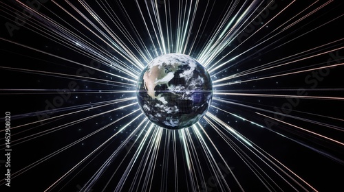 Earth with radiating light streaks