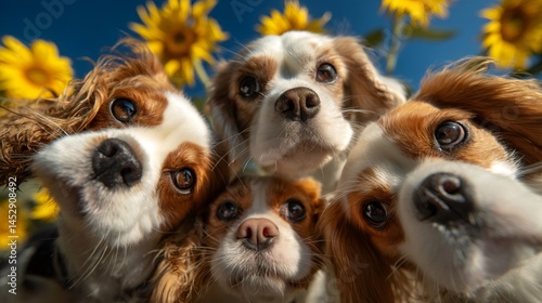Group of cavalier king charles spaniel dogs posing in sunflower field
