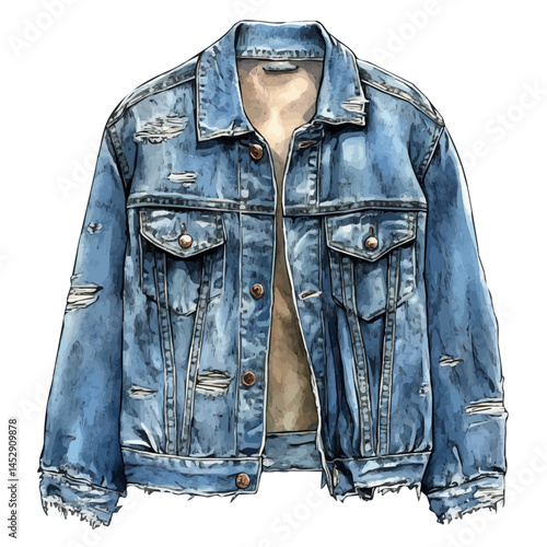 Casual Denim Jacket With Frayed Edges, watercolor vector, isolated on a white background.