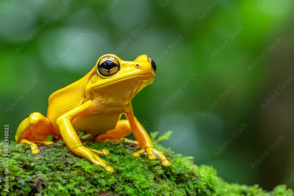 Naklejka premium Golden Frog on Mossy Rock - Vibrant yellow frog perched on a bed of lush green moss, showcasing its striking color and captivating eyes