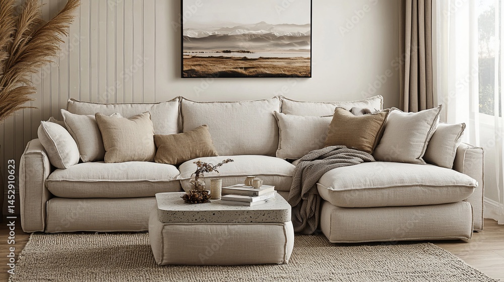 Fototapeta premium Light beige sectional sofa with matching coffee table in a minimalist living room