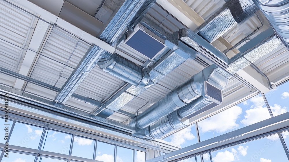 Fototapeta premium Modern Building HVAC System with Skylight View.