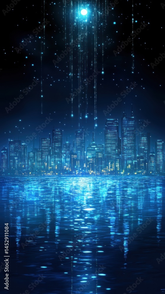 Night city skyline, data rain, reflection, futuristic Night city skyline, data rain, reflection, futuristic