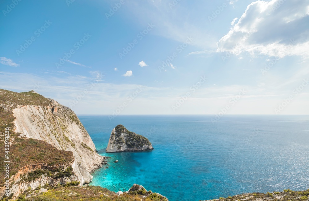 Fototapeta premium Vibrant landscapes showcase the stunning cliffs, crystal-clear waters, and enriching culture of Zakynthos, inviting travelers to discover its beauty under the summer sun