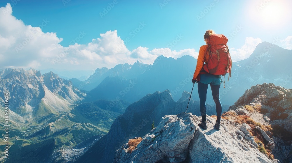 Obraz premium Mountaintop Triumph Hikers Panoramic View.