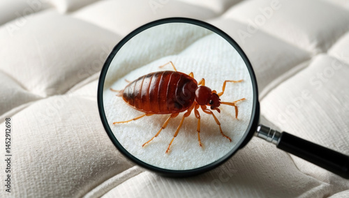 A single bed bug is visible on the surface of a mattress.