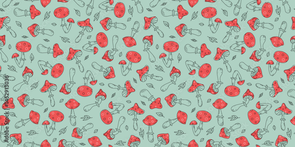 Pattern seamless, fly agaric. Set fly mushrooms and leaves. Repeating background. Hand drawn icons, doodles, vector illustration. Pattern seamless, fly agaric. Set fly mushrooms and leaves. Repeating background. Hand drawn icons, doodles, vector illustration.