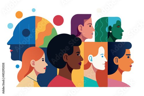 Human profiles from various backgrounds arranged together with vibrant colors showcasing diversity and inclusivity in a creative style