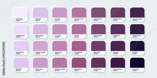 Purple Color Guide Palette with Color Names. Catalog Purple Samples with RGB HEX codes and Names. Vector EPS 10