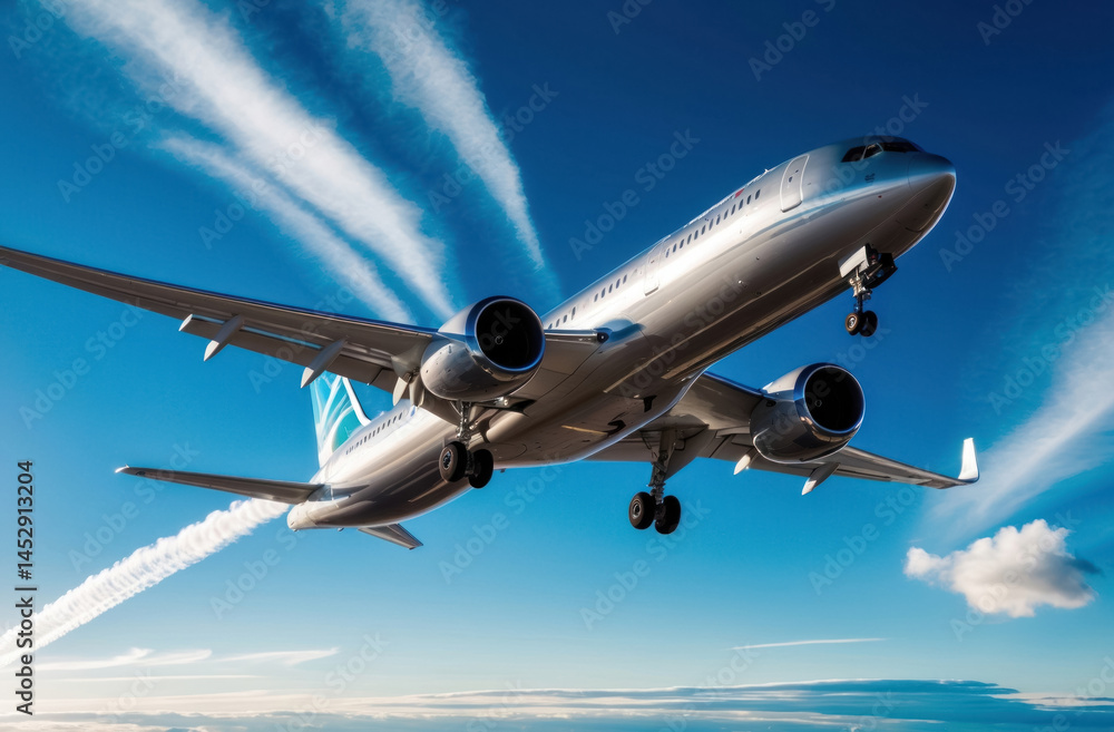 Fototapeta premium Modern airliner, silver stylish. Curved wings, tapered fuselage. Perfect for travel, aviation and transportation concepts.