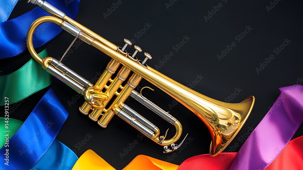 Obraz premium Vibrant Rainbow Ribbons and Golden Trumpet