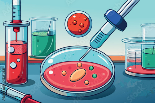 Laboratory glassware and petri dishes for medical research with colorful liquids, used for testing biological and chemical reactions in the lab