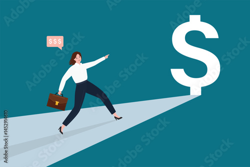 Motivated woman running and found profit. Ambitious businesswoman sees illuminated dollar sign door. Earnings, promotion, career ladder to success. Opportunity,