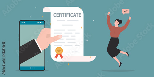 Human hand give certificate paper for happy female student with work achievement. Certificate on taking course in mobile app, award for best work or diploma document.