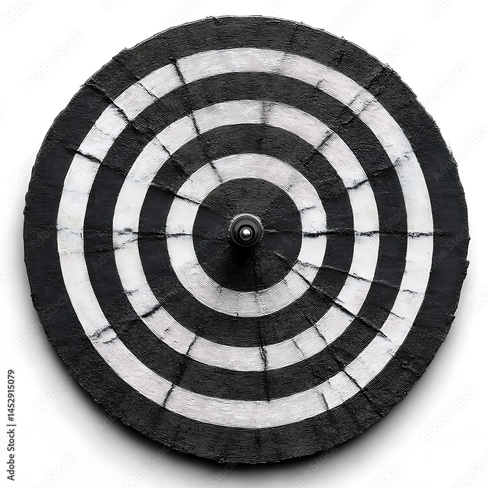 A black and white textured dartboard against a white backdrop A black and white textured dartboard against a white backdrop