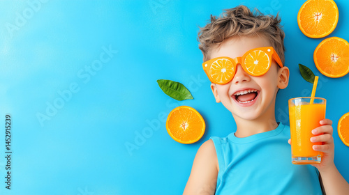 A joyful child with curly hair is wearing bright sunglasses made of orange slices, holding a glass of orange juice. Fresh oranges and green leaves surround him against a vivid blue backdrop