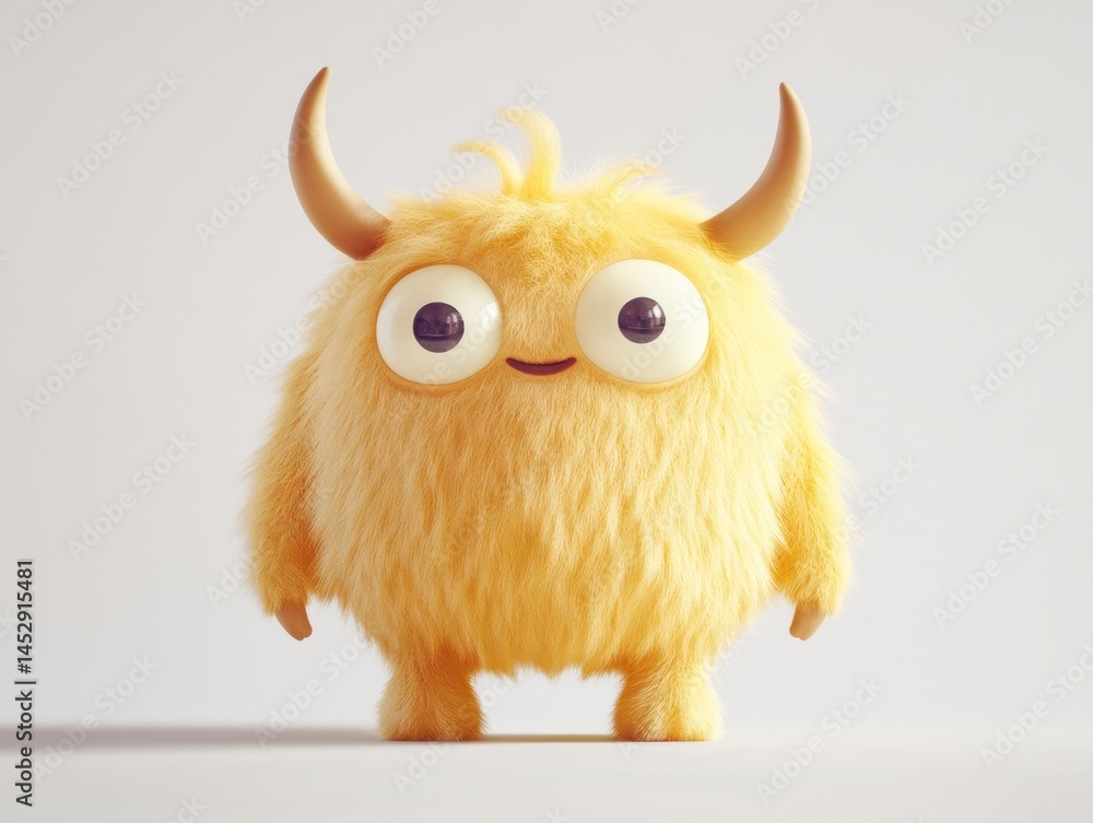 Fototapeta premium Adorable yellow fluffy monster with horns and big eyes standing on a white background in a cute style rendering a whimsical and playful mood for kids