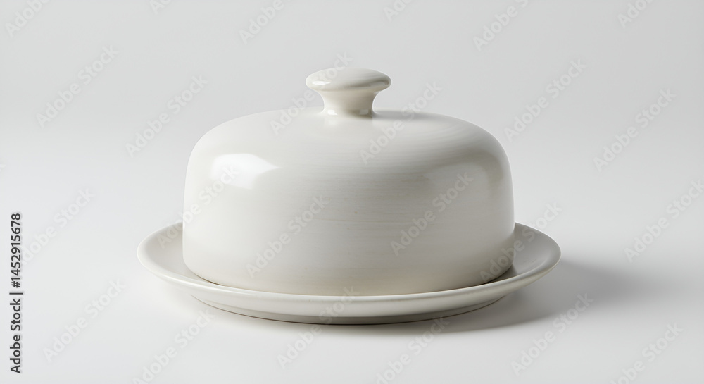 Fototapeta premium Ceramic butter dish with lid, in soft white glaze on clean white backdrop