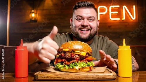 A man with a large burger and two condiment bottles. The burger is covered in cheese and bacon, and the man is smiling. The scene is set in a restaurant.Obesity and unhealthy food concept.Fast food.