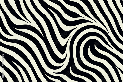 Monochromatic black and white wavy striped pattern resembling zebra print, ideal for background, wallpaper, and graphic design