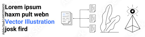 Documents connecting in flowchart with abstract leaves and pyramid eye symbol. Ideal for data processing, organization, creativity, mystical themes, visualization, innovation, simple landing page