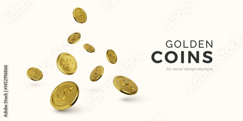 Gold Coins Falling with Dollar Sign in 3D Style. Shiny Metallic Currency Perfect for Banking, Finance, or Wealth Concepts. Minimal Background. Vector