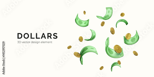 Money Flying in the Air with 3D Cartoon Style Dollar Bills and Coins. Fun Finance Concept for Wealth, Earnings, or Jackpot Themes. Isolated on Light Background. Vector