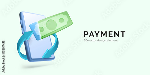 Mobile Payment with Smartphone and Dollar Bill in 3D Cartoon Style, Perfect for Online Banking, Finance, and Digital Transactions Concepts. Vector