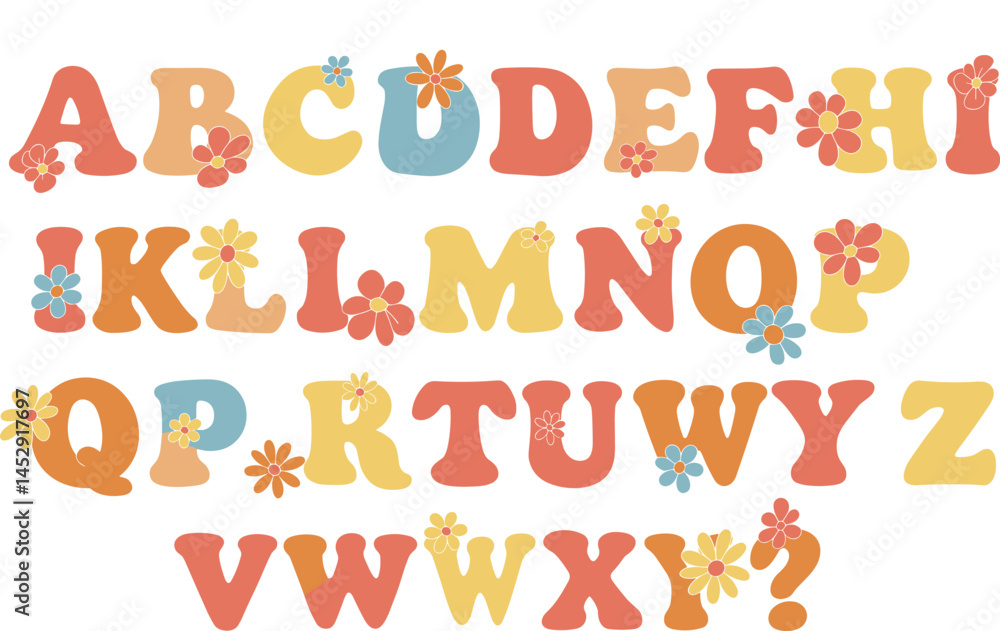 Fototapeta premium Vector groovy psychedelic alphabet. Contemporary psychedelia fun hand drawn font