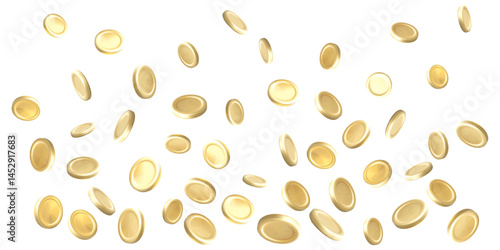 Golden Coins Falling in Mid-Air with Realistic 3D Shine, Perfect for Finance, Luck, Game Rewards, and Wealth Concepts. Vector