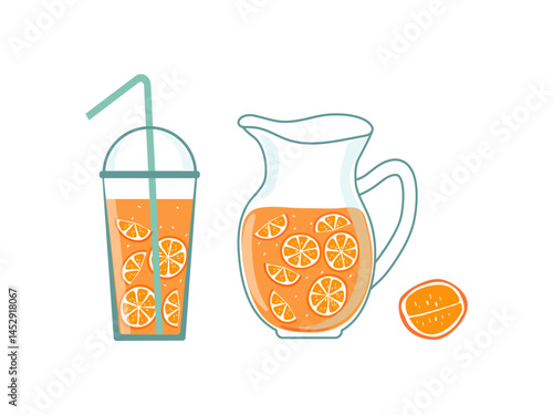 Orange juice glass pitcher and drinking glass. Natural lemonade in a glass pitcher, healthy drink, food with fruit, citrus slices. Healthy food. Summer refreshing drink. Vector illustration.