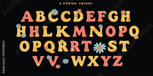 Vector groovy psychedelic alphabet. Contemporary psychedelia fun hand drawn font