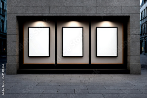 Three blank posters in a storefront window display with brick facade and stone pavement outside urban setting