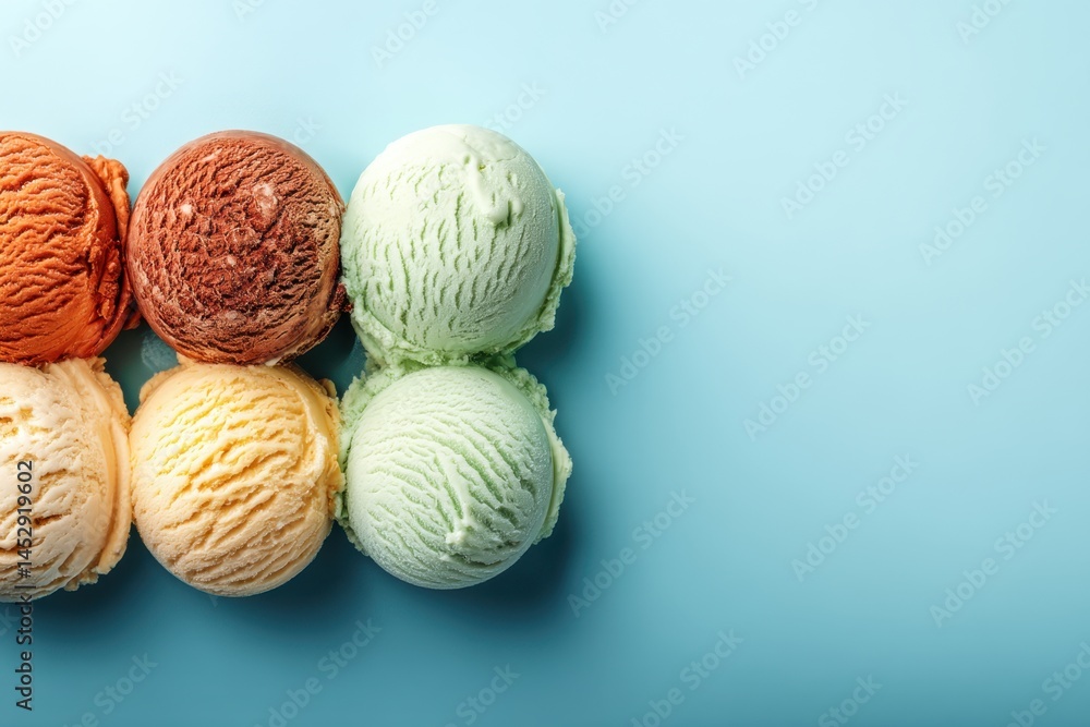 Delicious assortment of ice cream scoops on a vibrant blue background offering a refreshing and tempting summer treat perfect for dessert menus and creative food photography Delicious assortment of ice cream scoops on a vibrant blue background offering a refreshing and tempting summer treat perfect for dessert menus and creative food photography