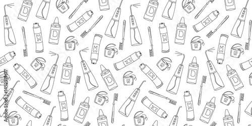 Dental care, seamless pattern. Oral cleaning tools. Dental care supplies, irrigator, toothpaste, toothbrush, toothbrush, tooth protection. Hygiene concepts, health. Dental kit, doodle illustration.