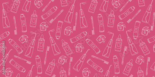 Oral cleaning tools pattern. Dental care supplies, irrigator, toothpaste, toothbrush, toothbrush, tooth protection. Hygiene concepts, health. Seamless background, doodle illustration.