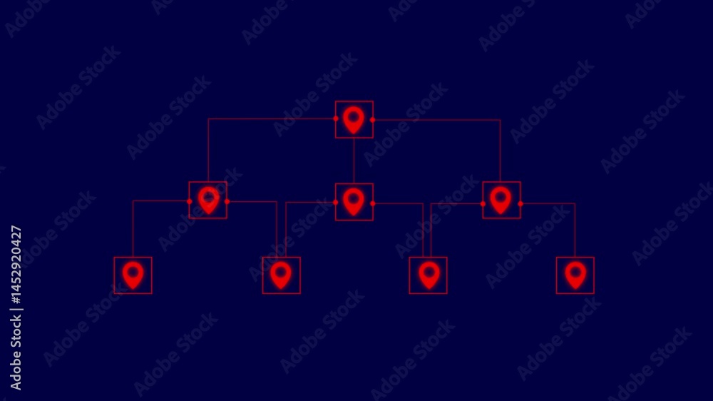 A Digital Map With Red Pin Points On Glowing Data Pattern on black background. A Digital Map With Red Pin Points On Glowing Data Pattern on black background.