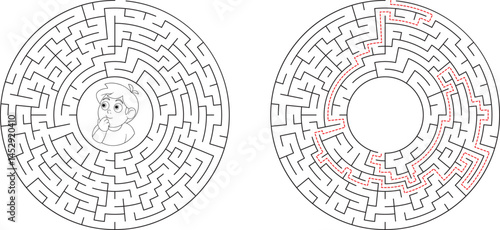 Circular Maze Puzzle Childs Face, Solution, Labyrinth, Game, Activity, Paths, Walls, Challenge