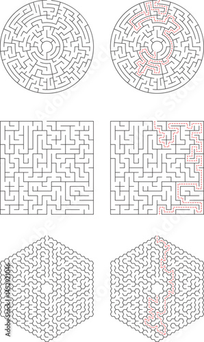 Circular, square, and hexagonal mazes puzzles, solutions, pathways, games, brain teaser