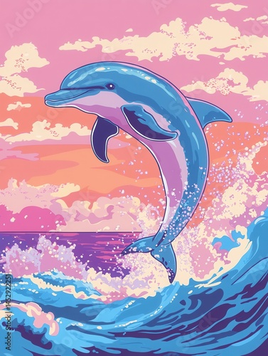 Captivating dolphin leaps from ocean wave against vibrant sunset sky in stylized vector illustration evoking marine life and coastal serenity