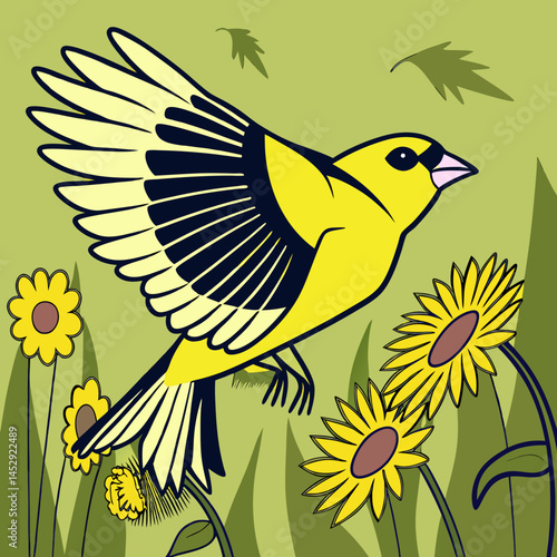 American Goldfinch flying over vibrant sunflower field on a sunny summer day, captured in a bright nature scene.