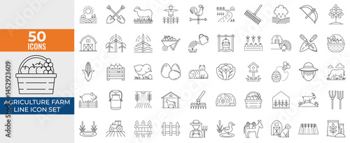 Agriculture farm line icon set. Vector pictograms of pig, goat, chicken egg, basket, farmer, pitchfork, scarecrow, windmill, beekeeper hat, thin linear illustration.